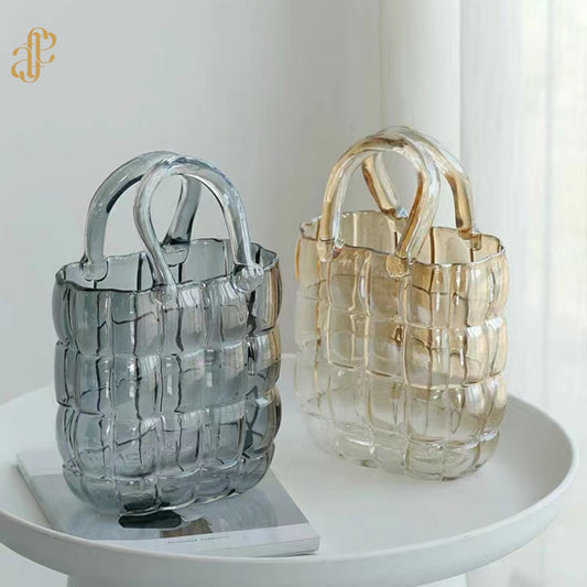 Bag-Style Glass Vase – Transparent Grey & Honey Gold