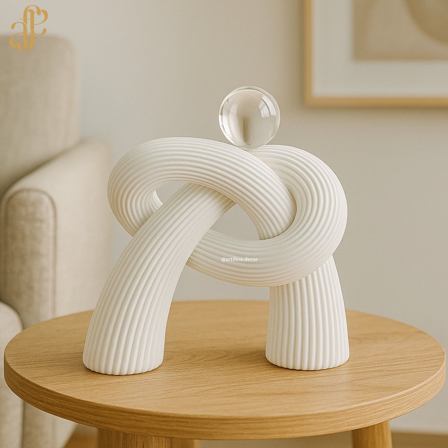 Abstract Knot Sculpture with Crystal Sphere – Black & White