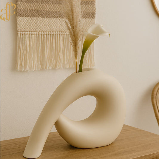 Sculptural Beige Ceramic Vase – Abstract Curve Design