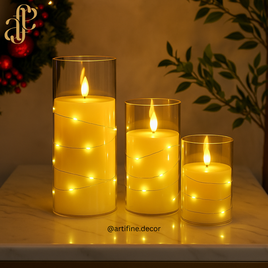 🕯️ LED Cylinder Candle Set with Fairy Lights – Warm, Elegant & Festive
