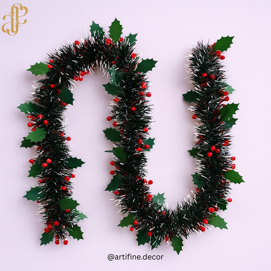 Christmas garland with rich greenery and festive red accents 🎄