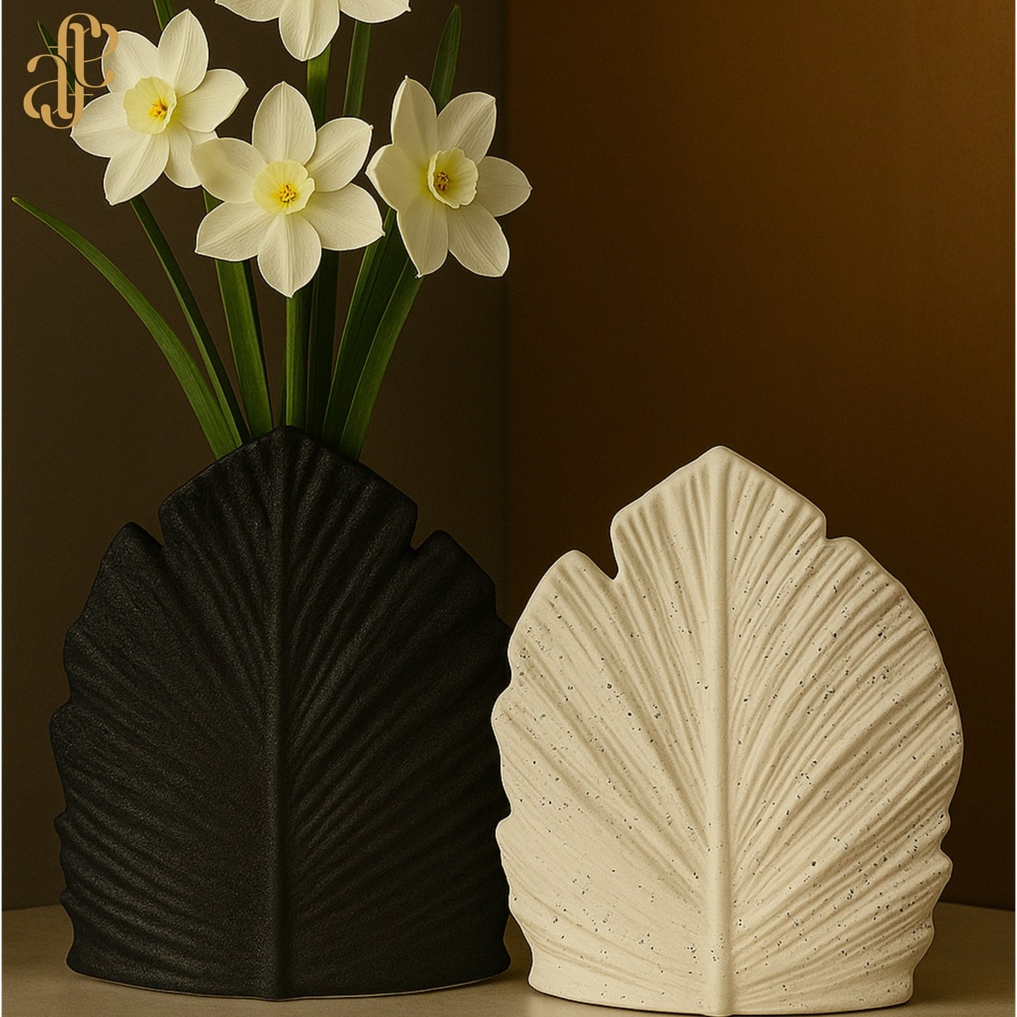 Leaf Silhouette Vases – Ceramic Textured Duo in Black & White