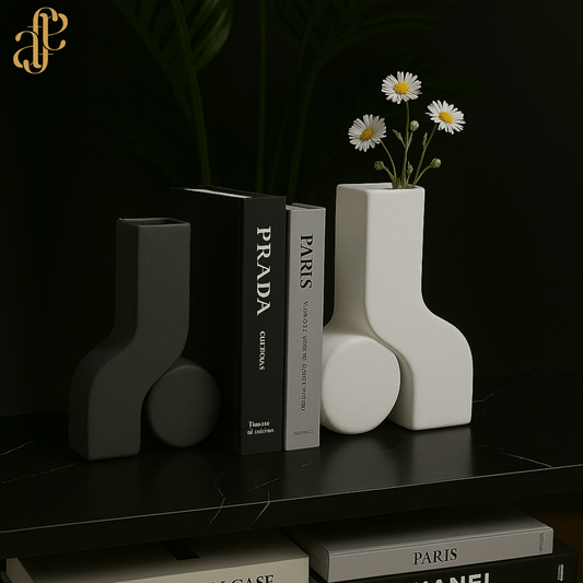 Sculpted Bookend Vases – Matte Black & Ivory