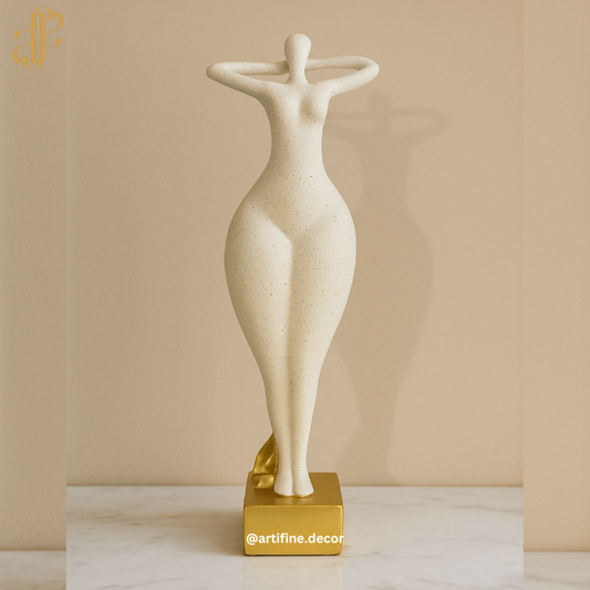 Modern Curvy Feminine Sculpture – Beige Stone with Gold Base