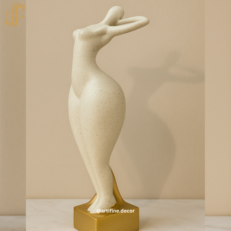 Modern Curvy Feminine Sculpture – Beige Stone with Gold Base