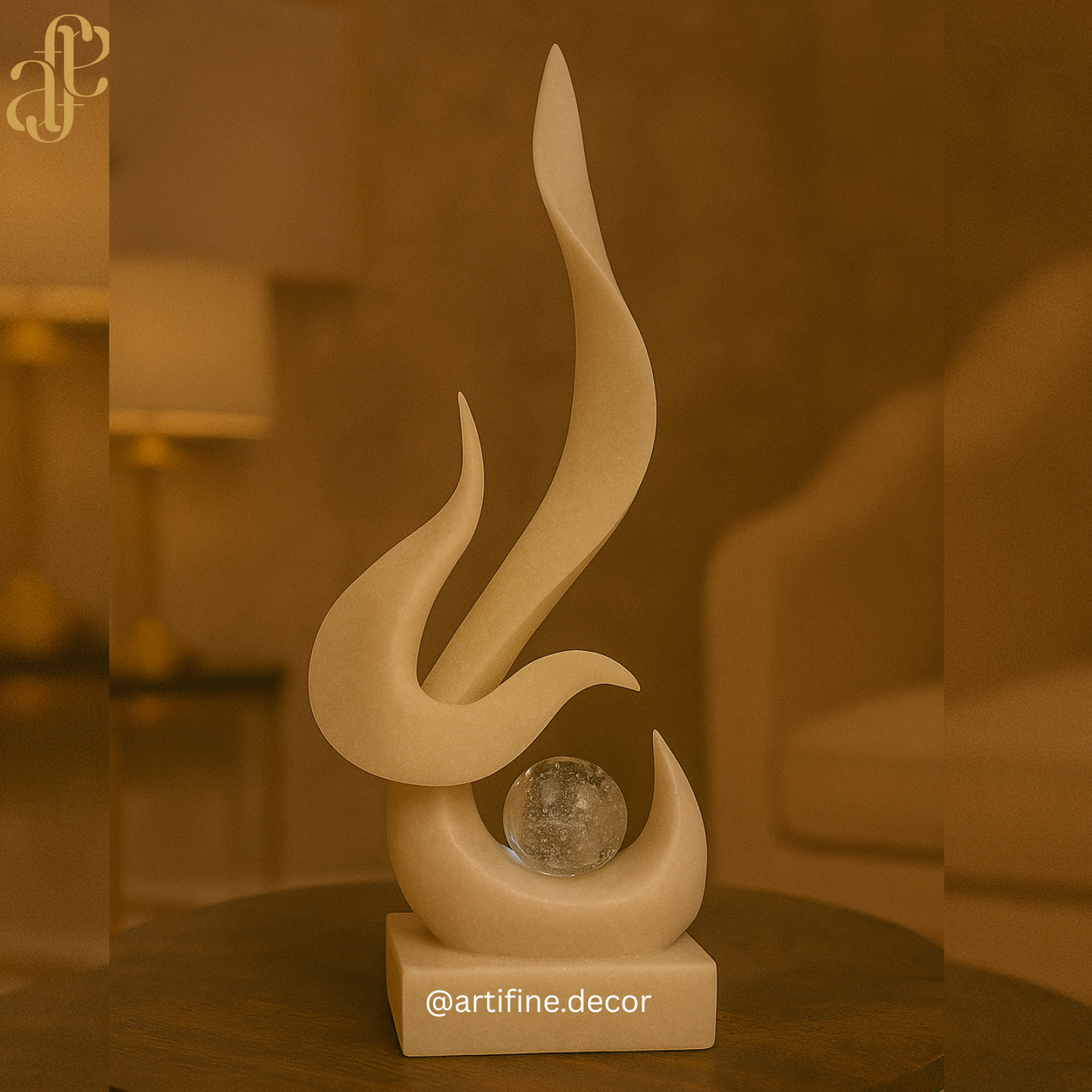 Modern Flame Sculpture with Crystal Sphere