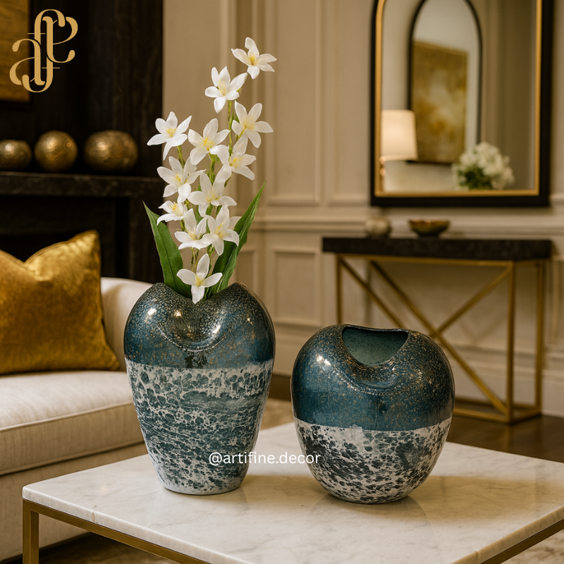 Handmade Textured Glass Vase Set – Teal & White Luxury Art Décor