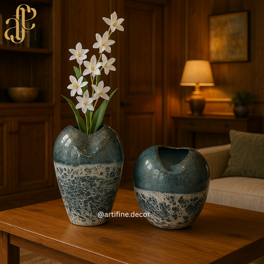 Handmade Textured Glass Vase Set – Teal & White Luxury Art Décor