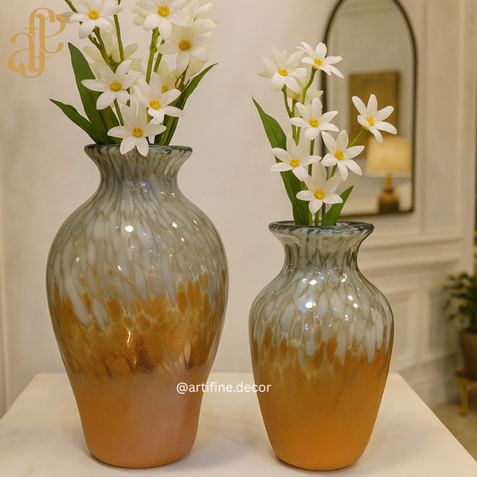 Handmade Amber & Frost Swirl Glass Vase Set – Decorative Art Home Accent