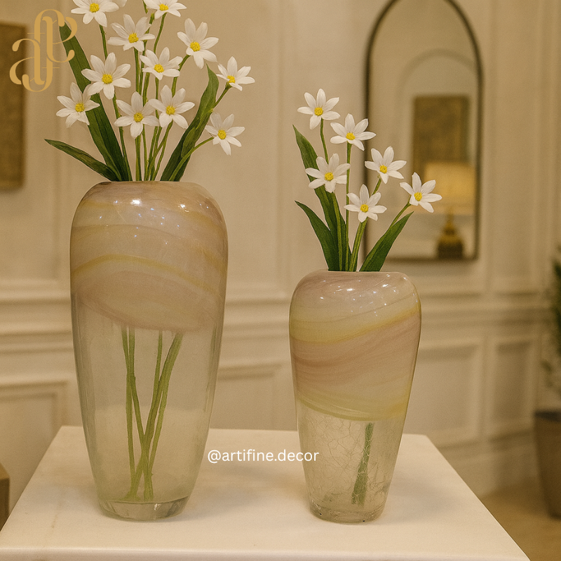 Handmade Beige Marble Swirl Glass Vase Set – Luxury Home Décor