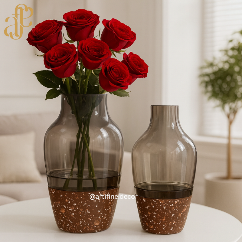Smoky Glass & Terrazzo Base Vase Set