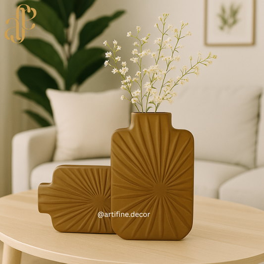 Sunburst Textured Sculptural Vase – Modern Matte Brown Decor