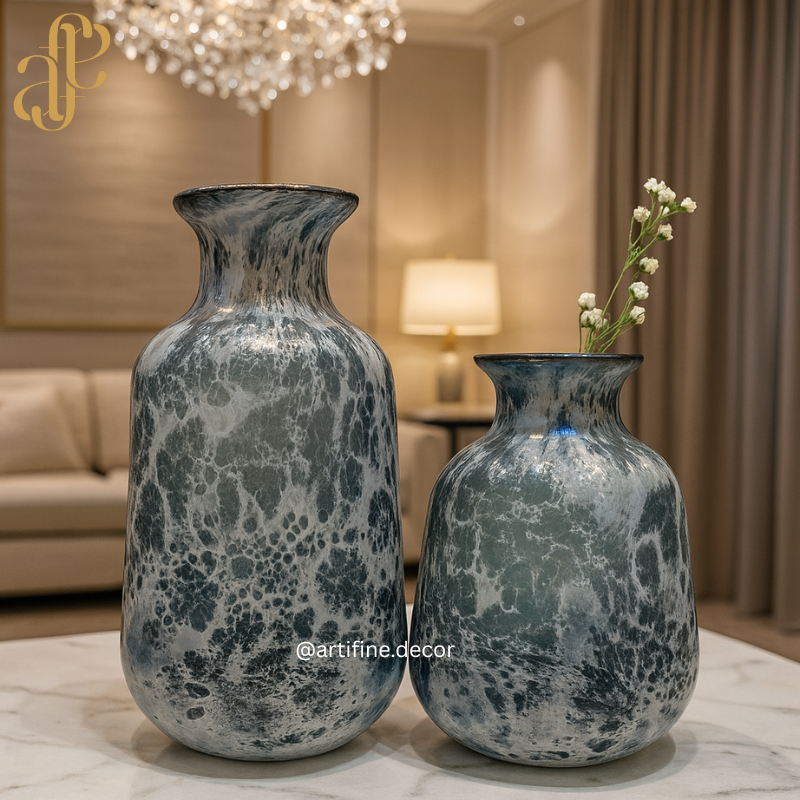 Azure Mist Hand-Blown Glass Vase Set — Modern Artistic Decor