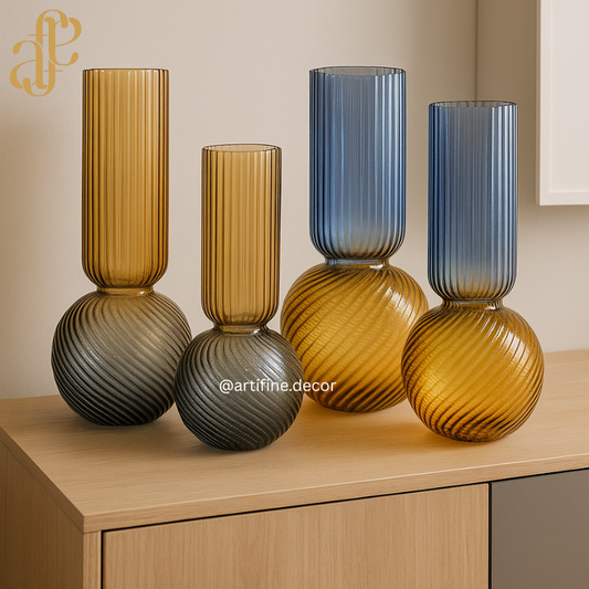 Modern Ribbed Sphere Glass Vase Collection – Amber, Smoke & Blue