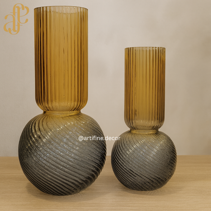 Modern Ribbed Sphere Glass Vase Collection – Amber, Smoke & Blue