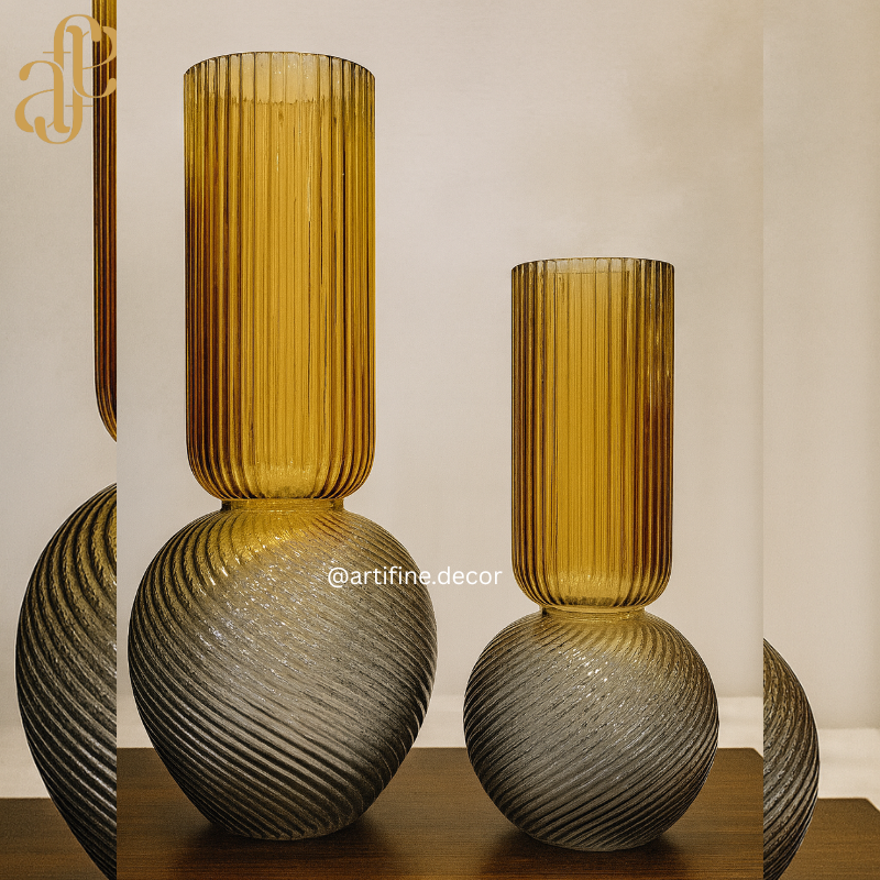 Modern Ribbed Sphere Glass Vase Collection – Amber, Smoke & Blue
