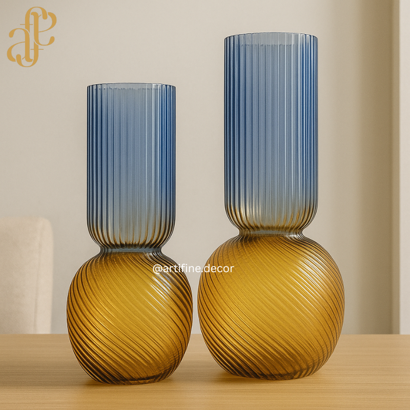 Modern Ribbed Sphere Glass Vase Collection – Amber, Smoke & Blue