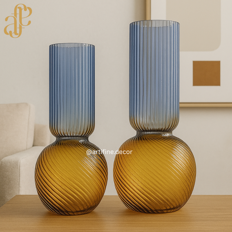 Modern Ribbed Sphere Glass Vase Collection – Amber, Smoke & Blue