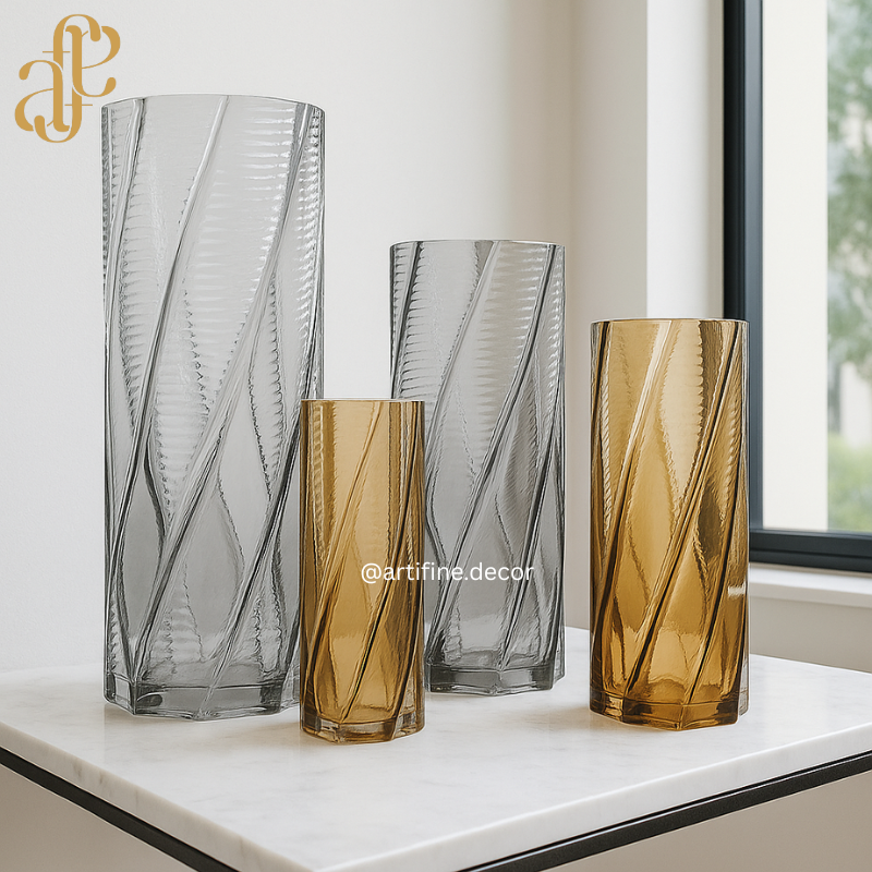 Twisted Geometry Glass Vase Collection – Smoke & Amber