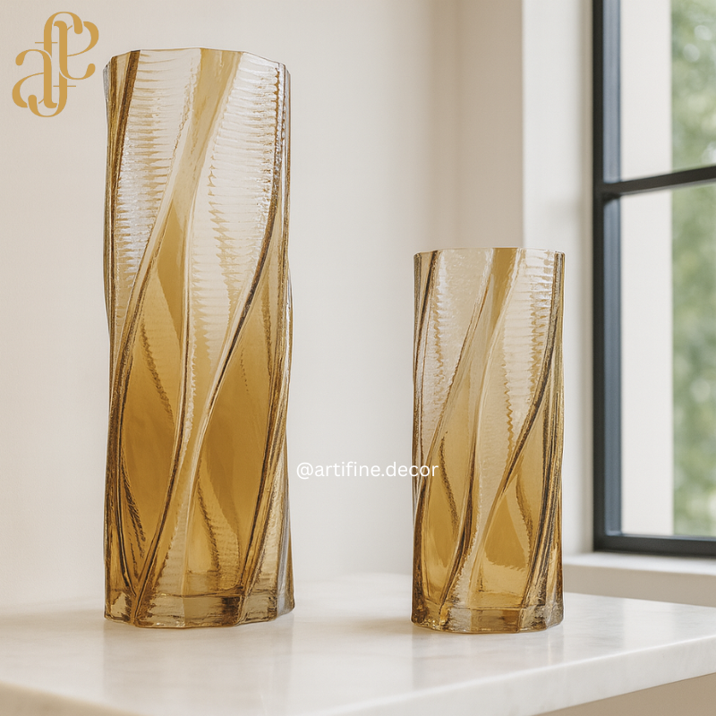 Twisted Geometry Glass Vase Collection – Smoke & Amber