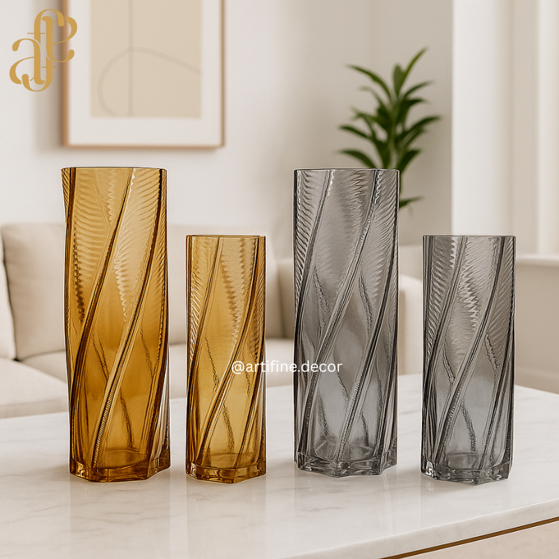 Twisted Geometry Glass Vase Collection – Smoke & Amber