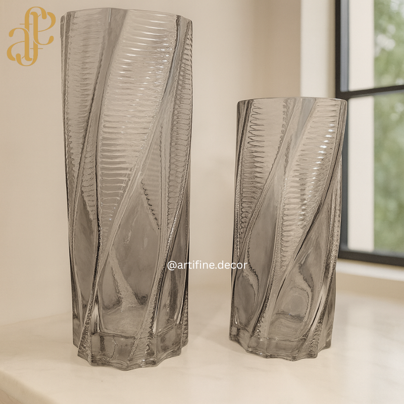 Twisted Geometry Glass Vase Collection – Smoke & Amber