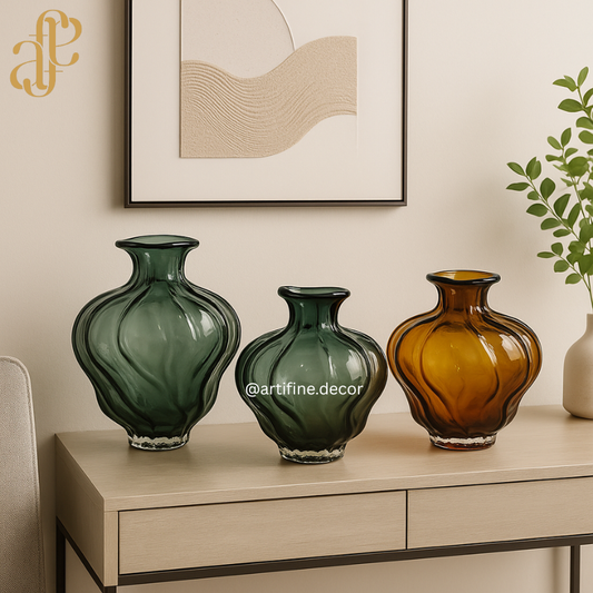 Vintage Ripple Glass Vase Collection – Emerald & Amber