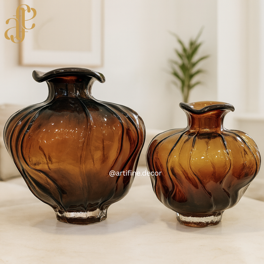 Vintage Ripple Glass Vase Collection – Emerald & Amber