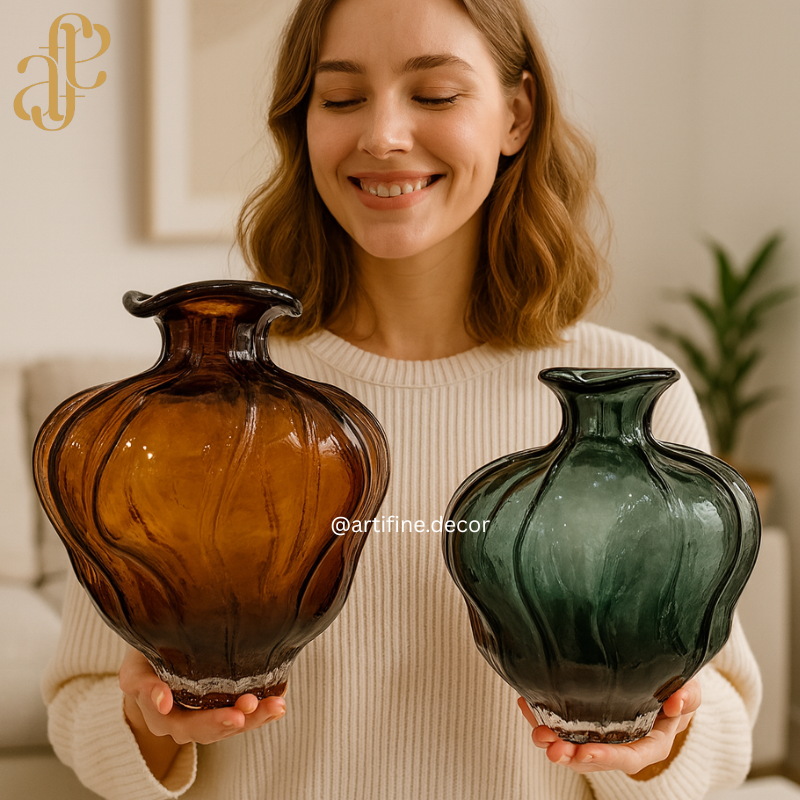 Vintage Ripple Glass Vase Collection – Emerald & Amber