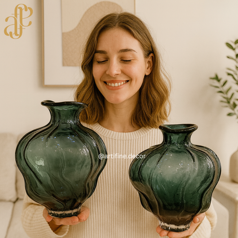 Vintage Ripple Glass Vase Collection – Emerald & Amber