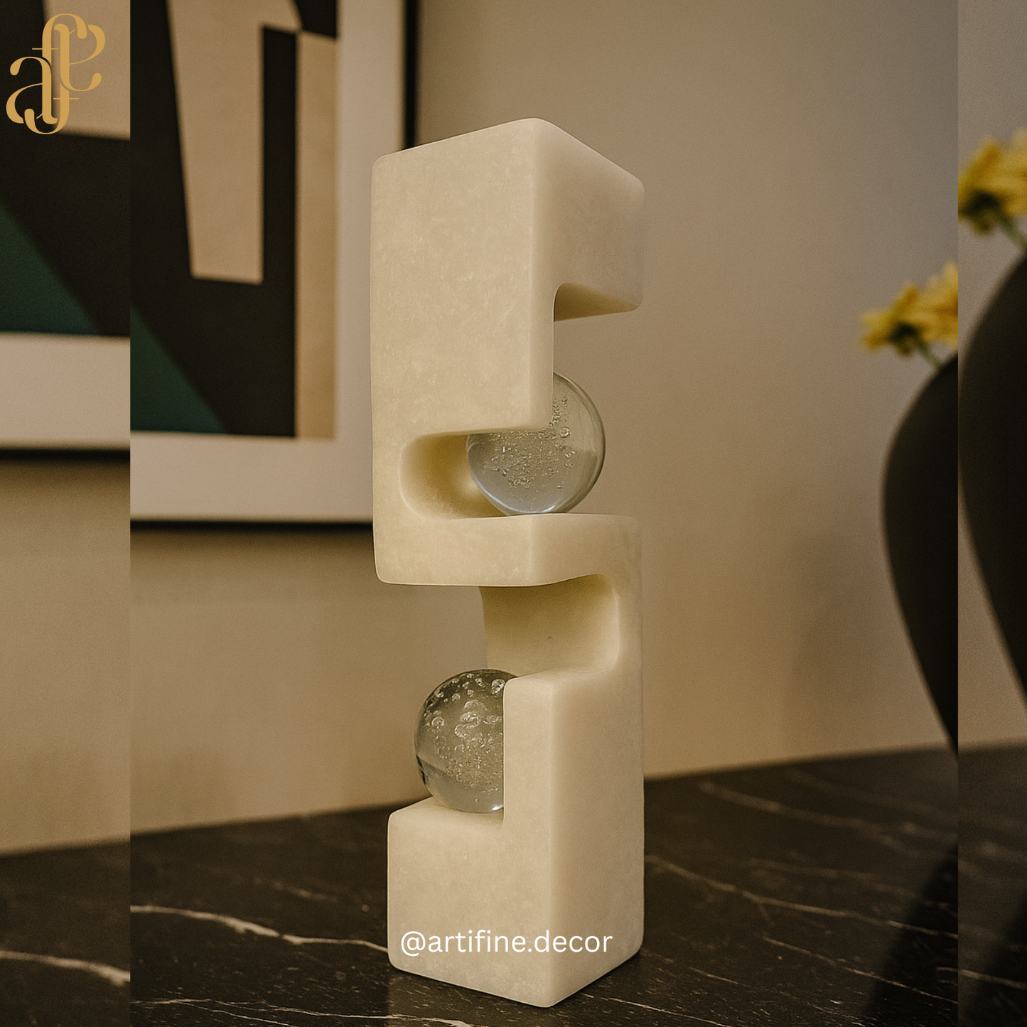 Geometric Modern Sculpture with Crystal Spheres