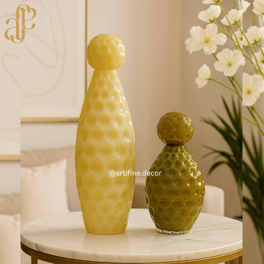 Honeycomb Bubble Glass Vase Set – Yellow & Olive