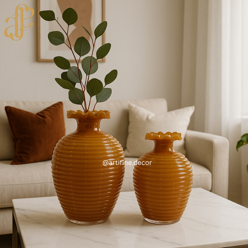 Amber Ribbed Glass Vase Set – Wavy-Edge Luxury Design
