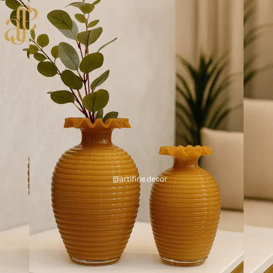 Amber Ribbed Glass Vase Set – Wavy-Edge Luxury Design