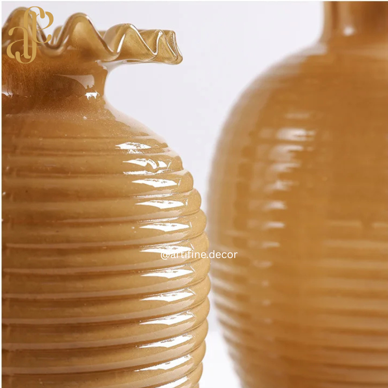 Amber Ribbed Glass Vase Set – Wavy-Edge Luxury Design