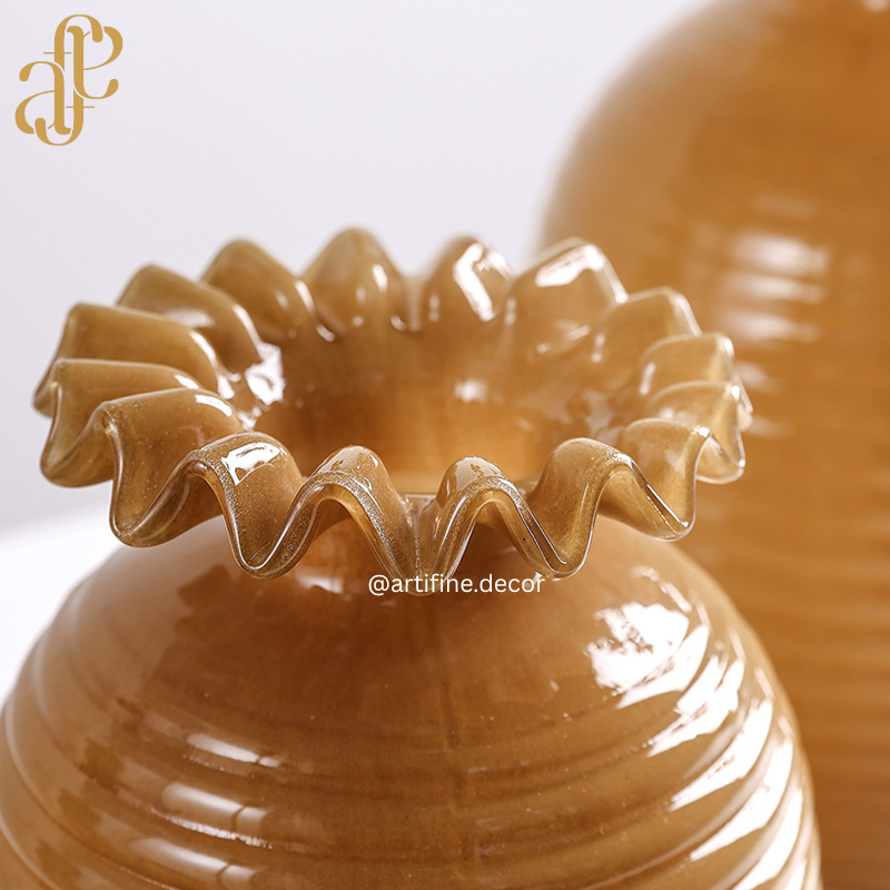 Amber Ribbed Glass Vase Set – Wavy-Edge Luxury Design