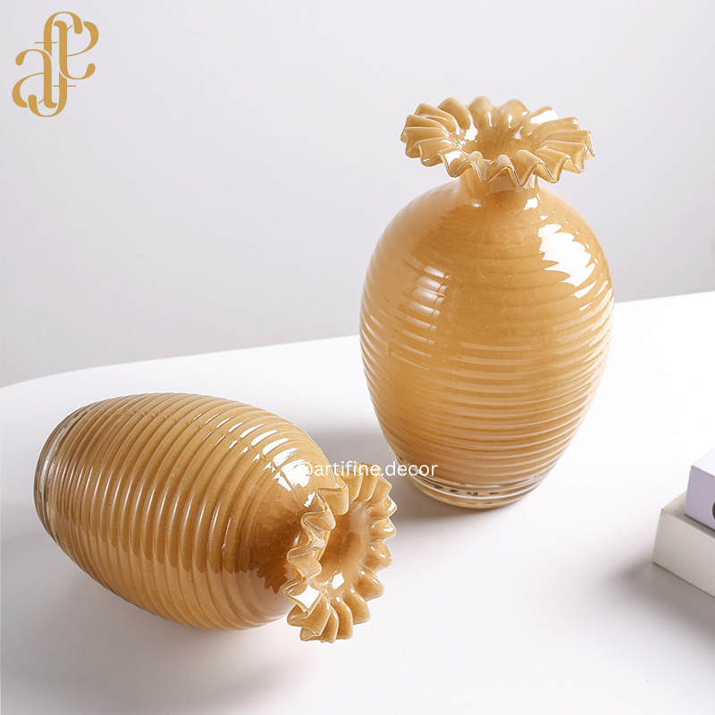 Amber Ribbed Glass Vase Set – Wavy-Edge Luxury Design