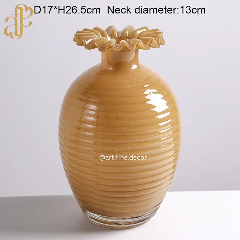 Amber Ribbed Glass Vase Set – Wavy-Edge Luxury Design