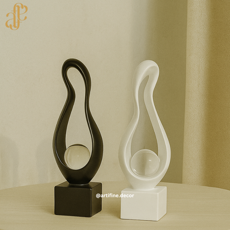 Abstract Teardrop Sculpture with Crystal Sphere – Black & White