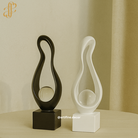 Abstract Teardrop Sculpture with Crystal Sphere – Black & White