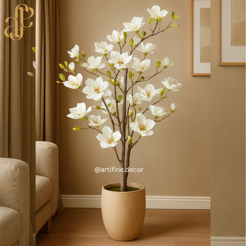 Luxury Artificial Magnolia Tree – Real Touch Flowers (White / Pink / Orange)