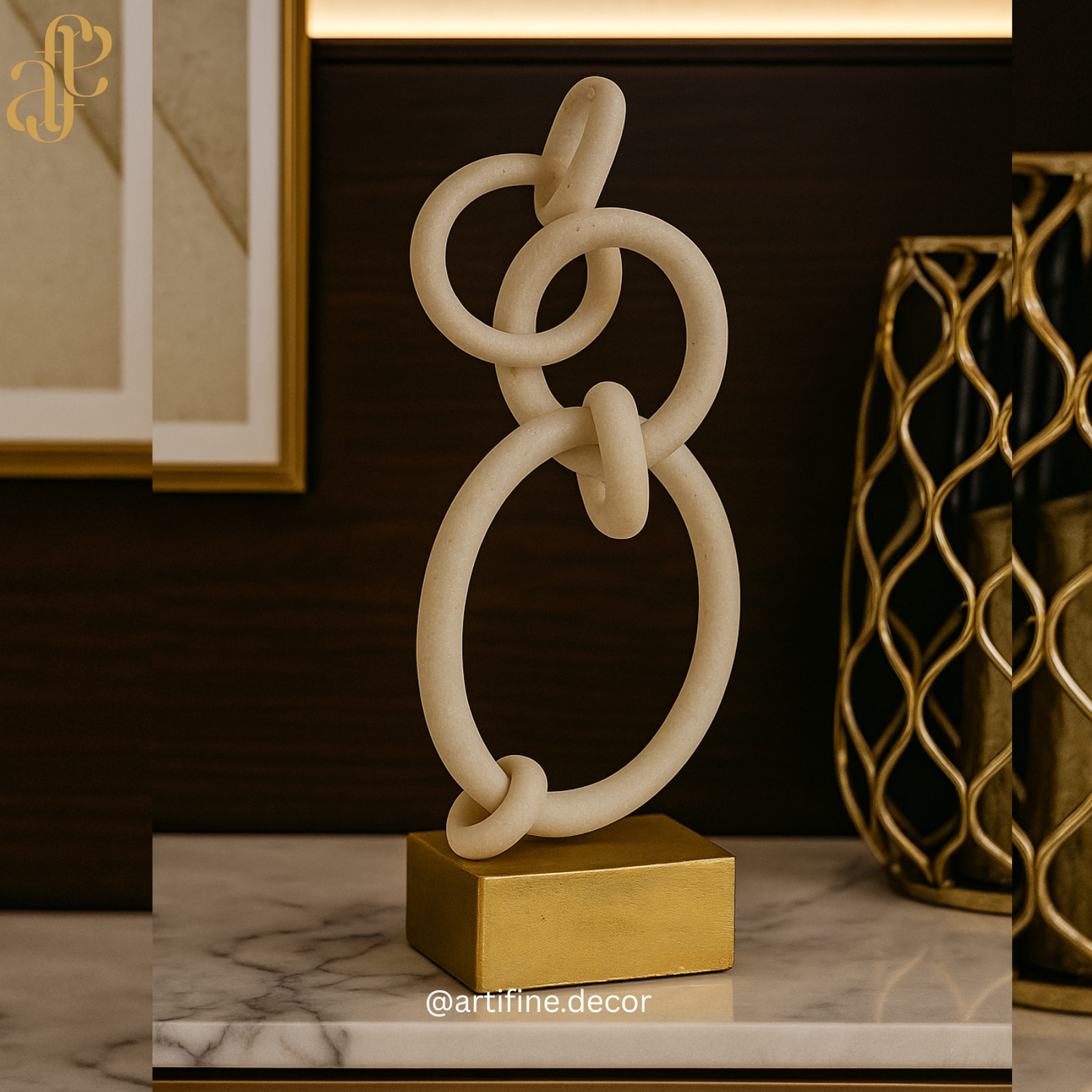 Golden Base Infinity Loops Sculpture – Modern Artistic Decor