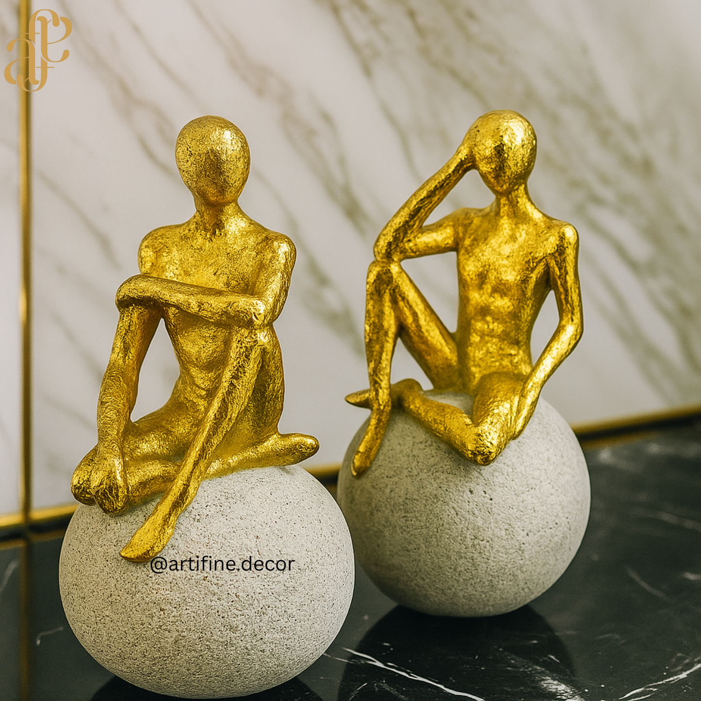 Golden Abstract Thinker Sculptures – Set of 2