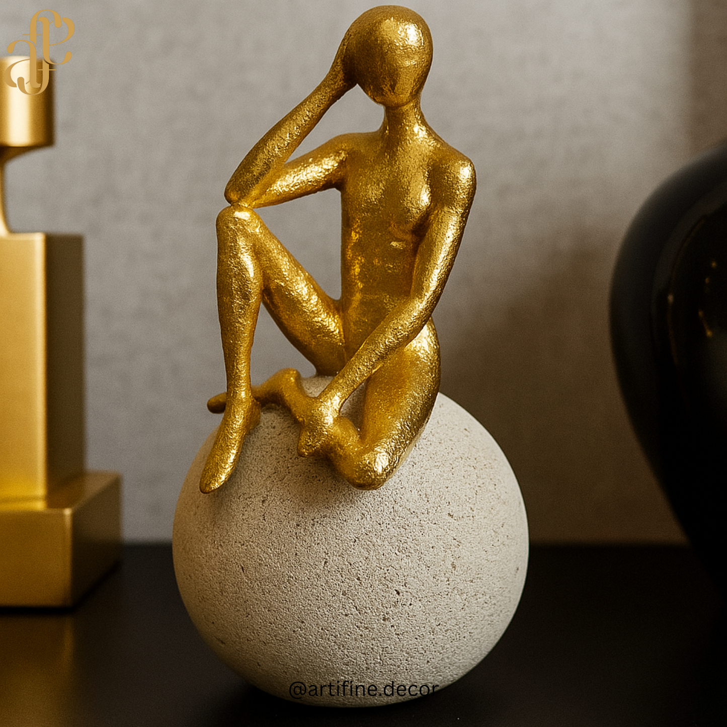 Golden Abstract Thinker Sculptures – Set of 2