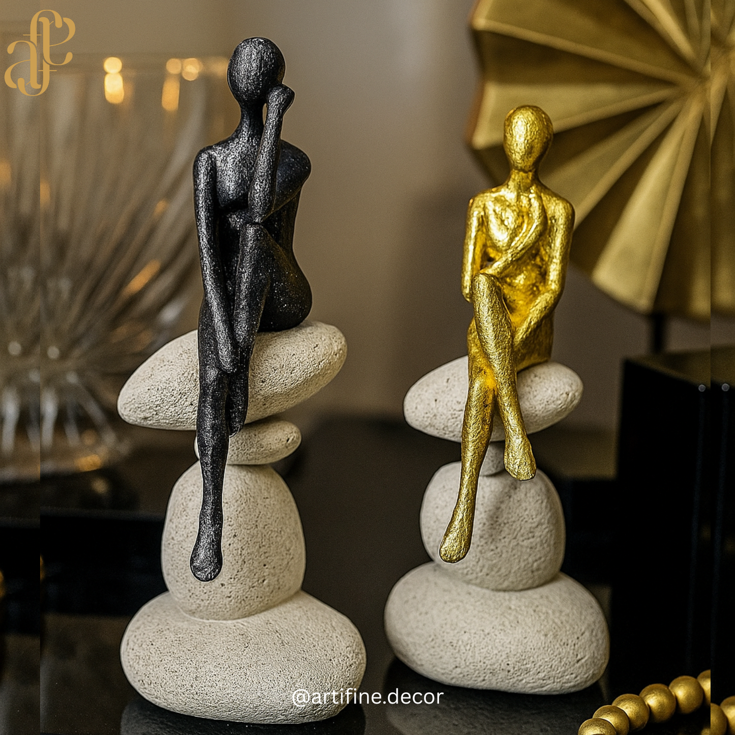 Elegant Sitting Figurines on Stone Pebble Base