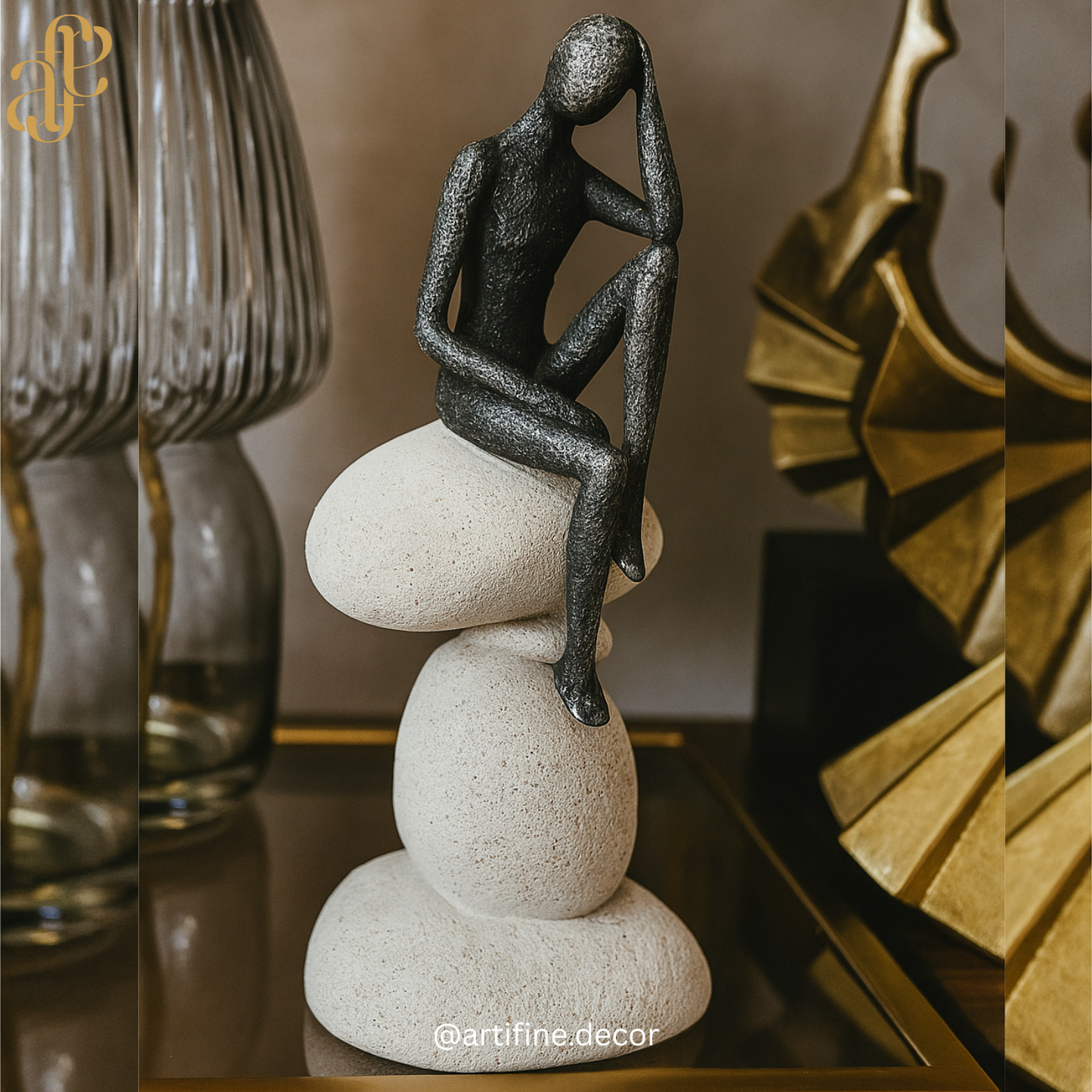 Elegant Sitting Figurines on Stone Pebble Base