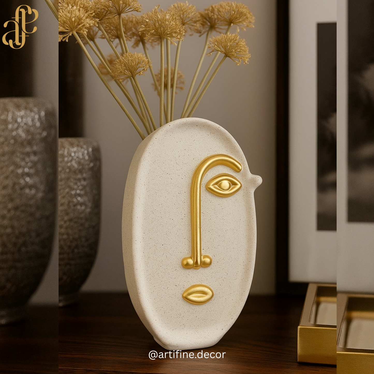 Abstract Face Ceramic Vase – White & Gold