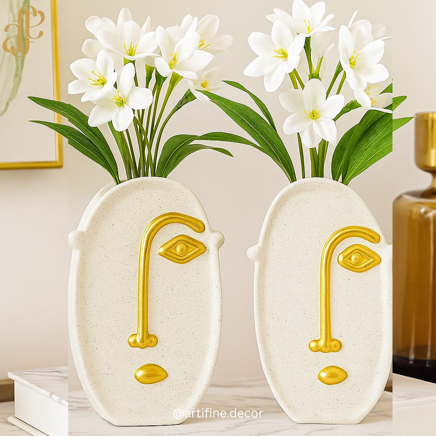 Abstract Face Ceramic Vase – White & Gold