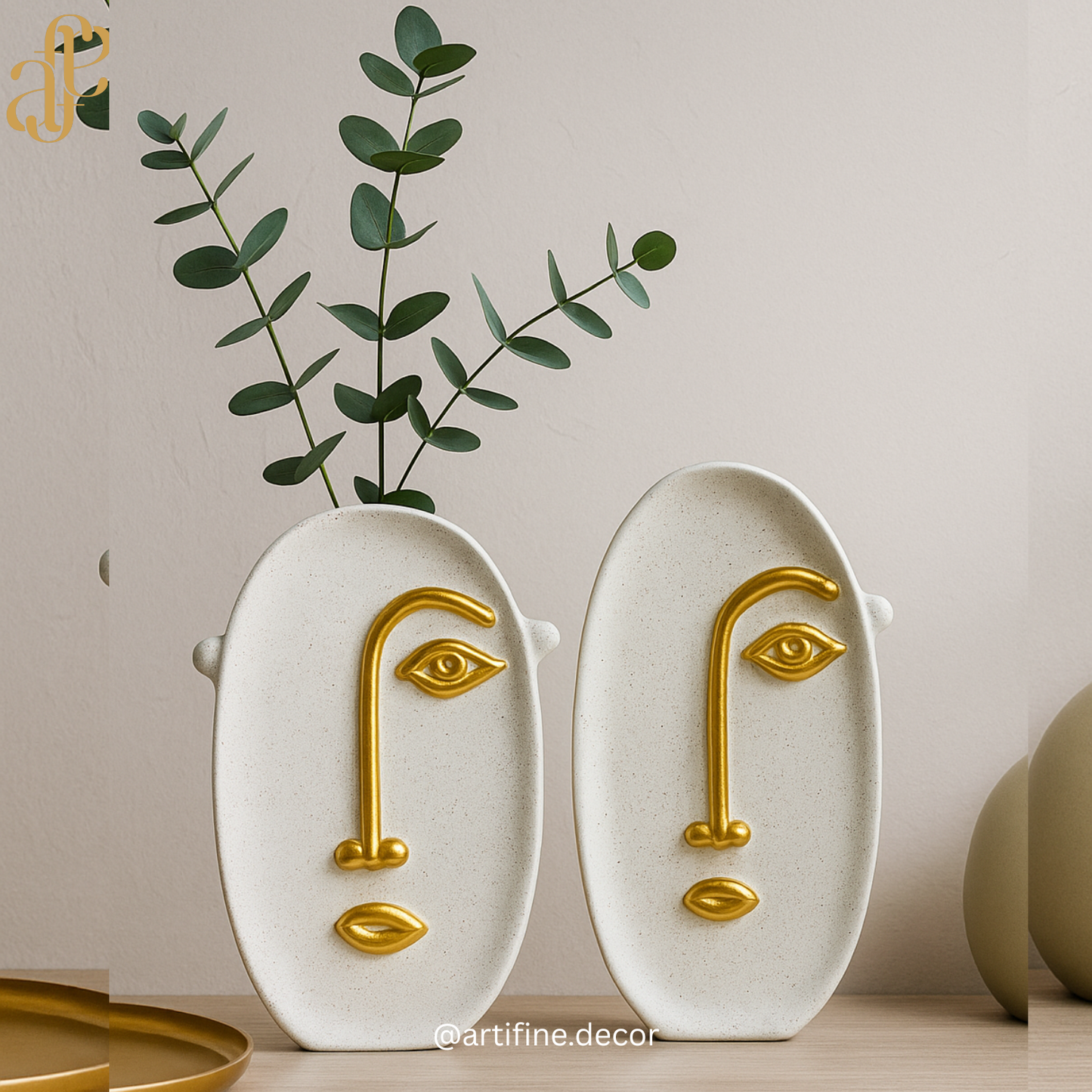 Abstract Face Ceramic Vase – White & Gold