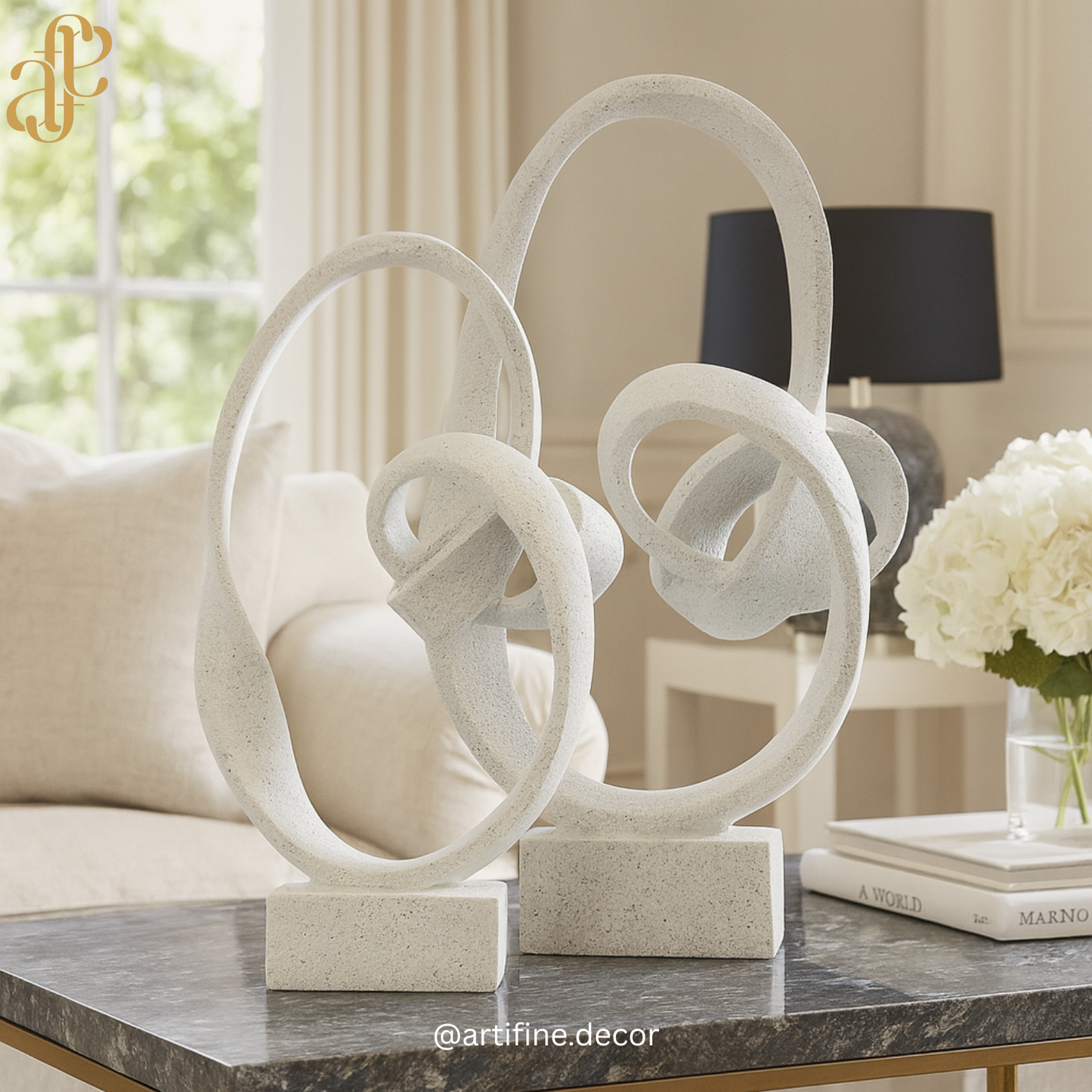 Interlocking Abstract Loop Sculpture – White Stone Finish